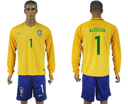 Brazil #1 Alisson Home Long Sleeves Soccer Country Jersey - Click Image to Close